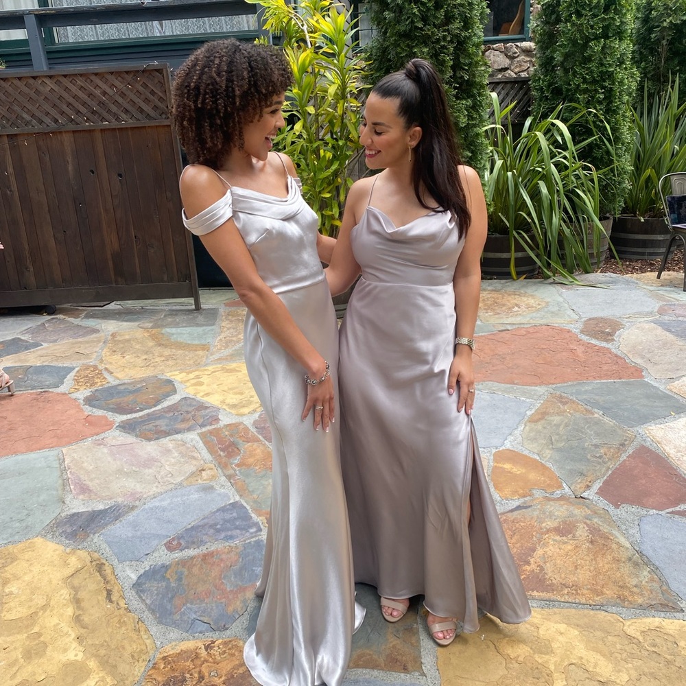 Fame and partners matte satin silver strappy draped gown. Used once